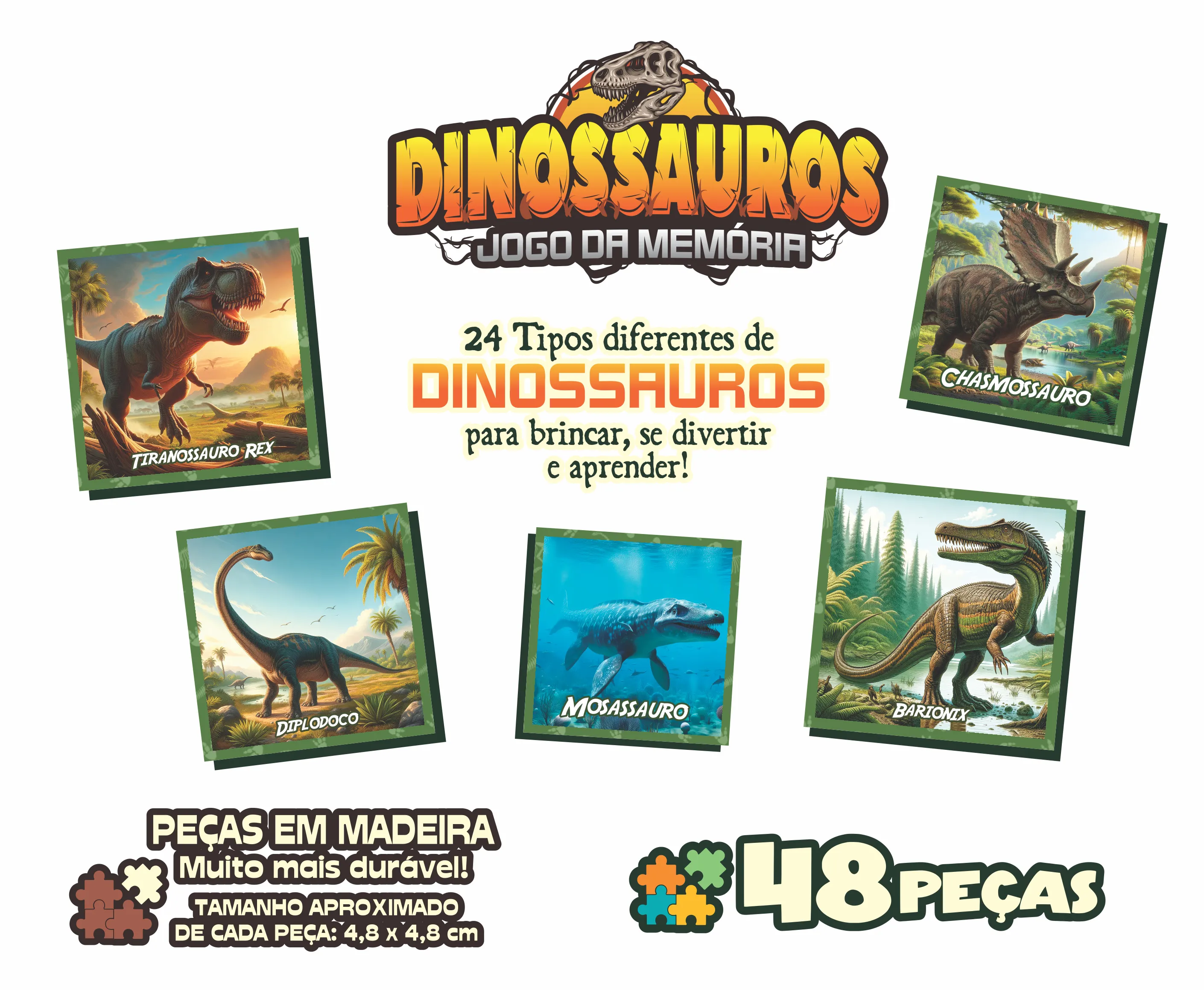 Jogo da Memória Dinossauros - 48 Peças